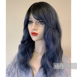 Dark Brown Ash Blue Gray Ombre Wavy Wig with Bangs | Mothers Day Gift | Odeta